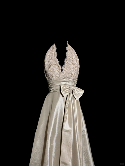 Vintage A line V Neckline Champagne Lace Prom Gown Fairy Prom Dresses SD2924