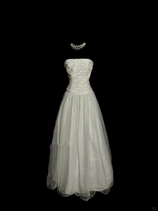 Vintage Ball Gown Strapless Tulle White Prom Gown Fairy Prom Dresses SD2932