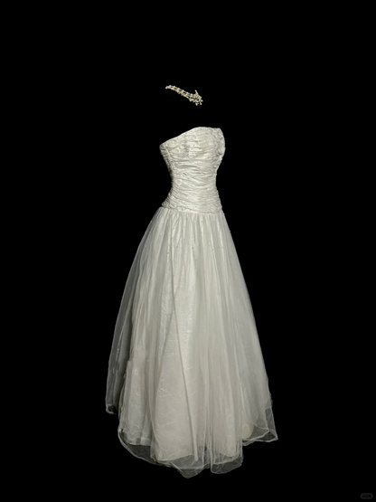 Vintage Ball Gown Strapless Tulle White Prom Gown Fairy Prom Dresses SD2932