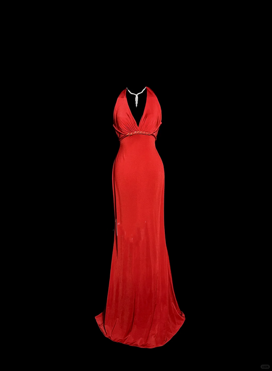 Vintage Mermaid Halter Satin Red Prom Gown Fairy Prom Dresses SD2935