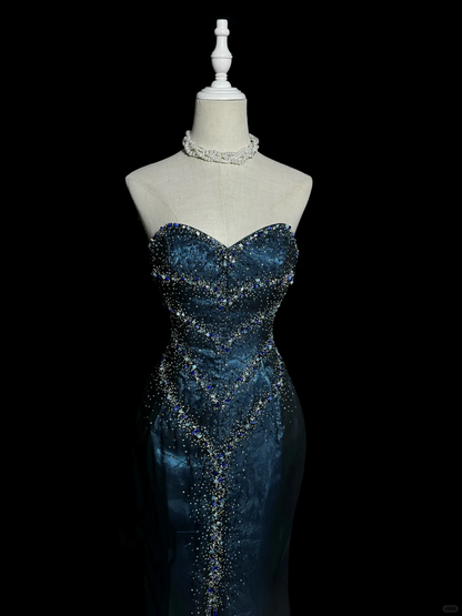 Vintage Mermaid Sweetheart Sleeveless Long Blue Slit Prom Gown Fairy Prom Dresses SD2936