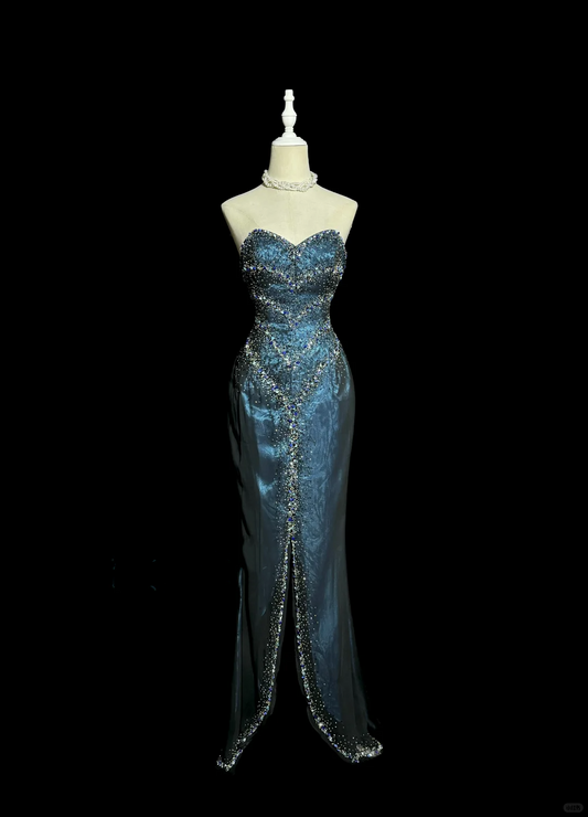 Vintage Mermaid Sweetheart Sleeveless Long Blue Slit Prom Gown Fairy Prom Dresses SD2936