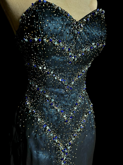 Vintage Mermaid Sweetheart Sleeveless Long Blue Slit Prom Gown Fairy Prom Dresses SD2936