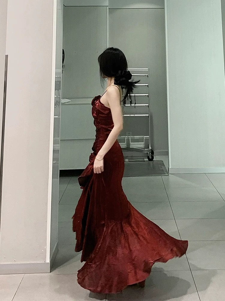 Vintage Mermaid Spaghetti Straps Burgundy Long Party Dresses Birthday Outfits SD2947