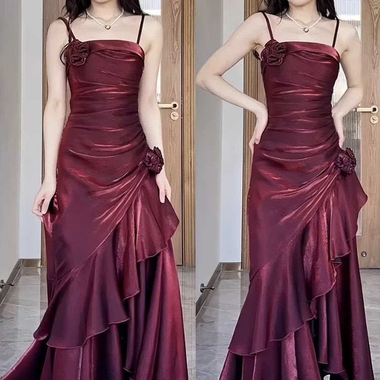Vintage Mermaid Spaghetti Straps Burgundy Long Party Dresses Birthday Outfits SD2947