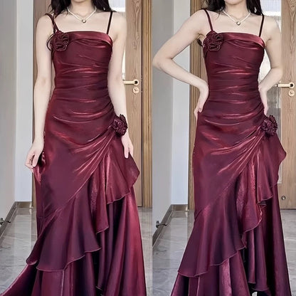 Vintage Mermaid Spaghetti Straps Burgundy Long Party Dresses Birthday Outfits SD2947