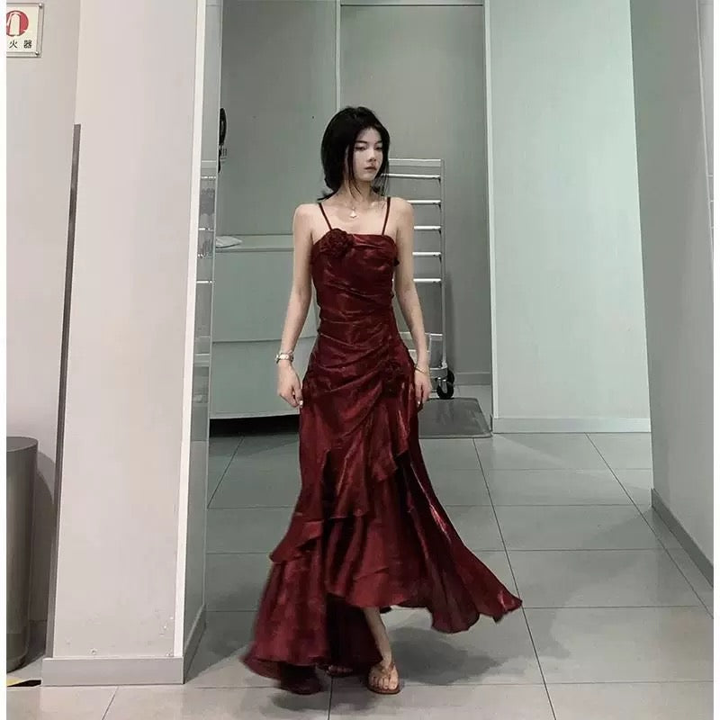 Vintage Mermaid Spaghetti Straps Burgundy Long Party Dresses Birthday Outfits SD2947