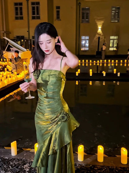 Vintage Mermaid Spaghetti Straps Green Long Party Dresses Birthday Outfits SD2948