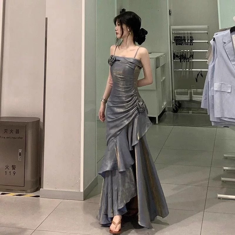 Vintage Mermaid Spaghetti Straps Gray Long Party Dresses Birthday Outfits SD2949