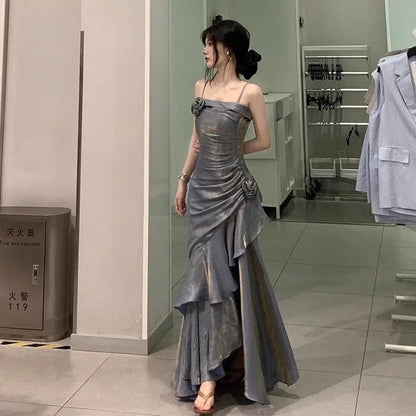 Vintage Mermaid Spaghetti Straps Gray Long Party Dresses Birthday Outfits SD2949