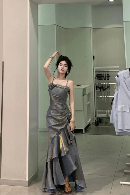 Vintage Mermaid Spaghetti Straps Gray Long Party Dresses Birthday Outfits SD2949