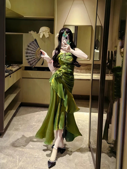 Vintage Mermaid Spaghetti Straps Long Party Dresses Birthday Outfits SD2950