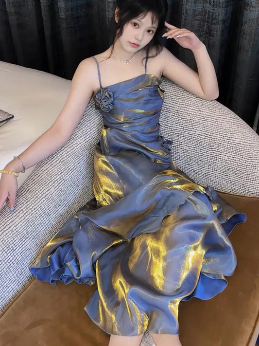 Vintage Mermaid Spaghetti Straps Long Party Dresses Birthday Outfits SD2950