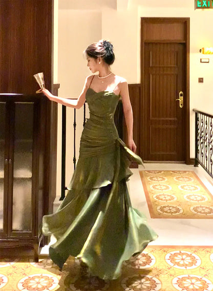 Retro Green Mermaid Straps Long Satin Party Dress, Green Satin Evening Dress Prom Dress SD2952