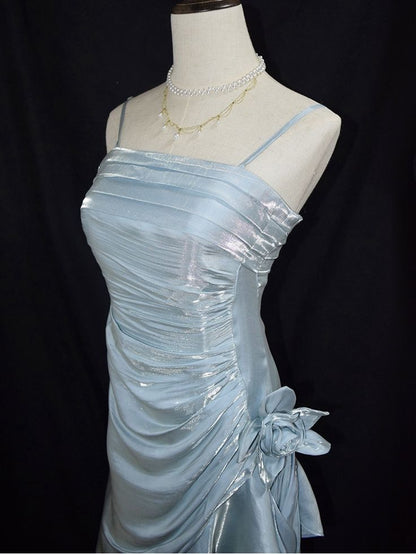 Retro Baby Blue Vintage Floral Dress Asymmetrical Hem Prom Gown SD2954