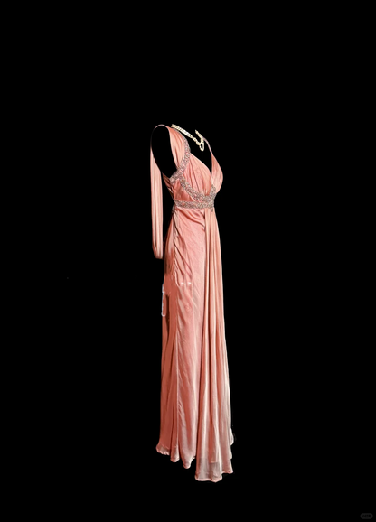 Vintage Mermaid V Neckline Pink Backless Long Prom Gown Fairy Prom Dresses SD2956
