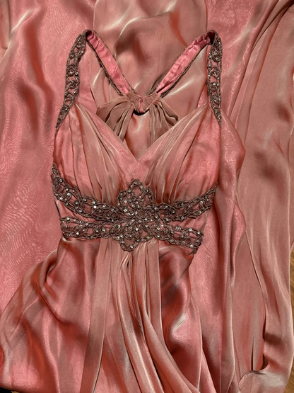 Classy A Line Halter Pink Beads Evening Dress Long Prom Dresses H2956