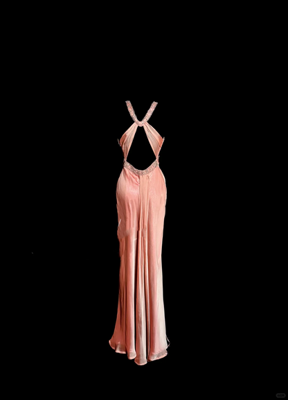 Classy A Line Halter Pink Beads Evening Dress Long Prom Dresses H2956