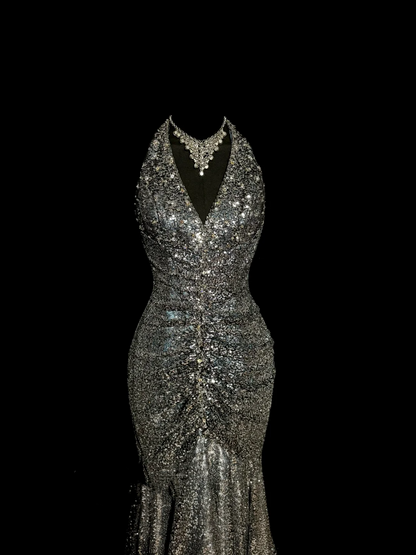 Vintage Mermaid V Neckline Gray Sequin Long Prom Gown Fairy Prom Dresses SD2958