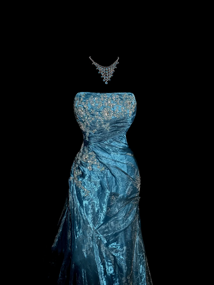 Vintage Mermaid Strapless Tulle Blue Long Prom Gown Fairy Prom Dresses SD2959