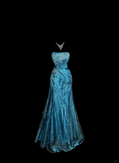 Vintage Mermaid Strapless Tulle Blue Long Prom Gown Fairy Prom Dresses SD2959