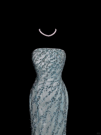 Vintage Mermaid Strapless Tulle Blue Beads Long Prom Gown Fairy Prom Dresses SD2960