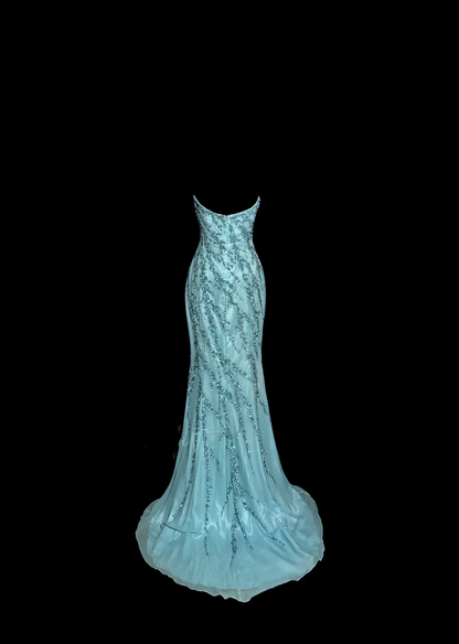 Vintage Mermaid Strapless Tulle Blue Beads Long Prom Gown Fairy Prom Dresses SD2960