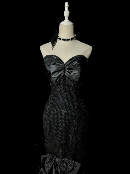 Vintage Mermaid Sweetheart Black Sequin Long Prom Gown Fairy Prom Dresses SD2961