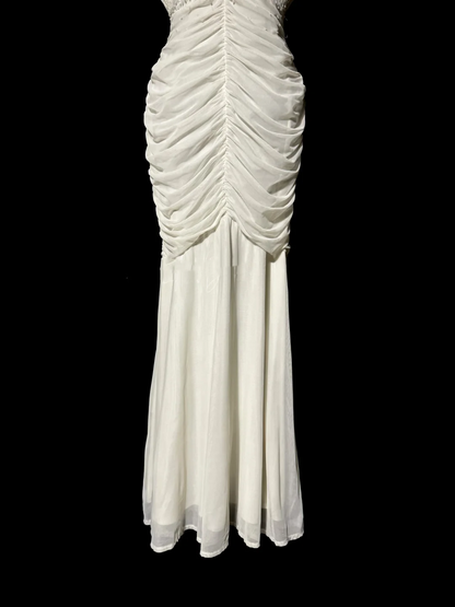 Classy Mermaid V Neckline Chiffon White Beads Long Evening Dress Prom Dresses H2965