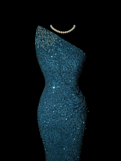 Classy Mermaid One Shoulder Blue Sequin Beads Long Evening Dress Prom Dresses H2966