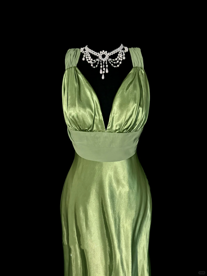 Vintage Classy Mermaid V Neckline Sage Green Beads Long Evening Dress Prom Dresses H2967