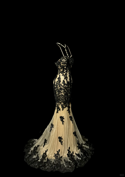 Vintage Classy Mermaid Spaghetti Straps Champagne Tulle Lace Long Evening Dress Prom Dresses H2972