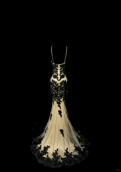 Vintage Classy Mermaid Spaghetti Straps Champagne Tulle Lace Long Evening Dress Prom Dresses H2972