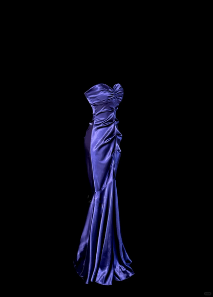 Vintage Classy Mermaid Sweetheart Grape Satin Sleeveless Pleated Long Evening Dress Prom Dresses H2974