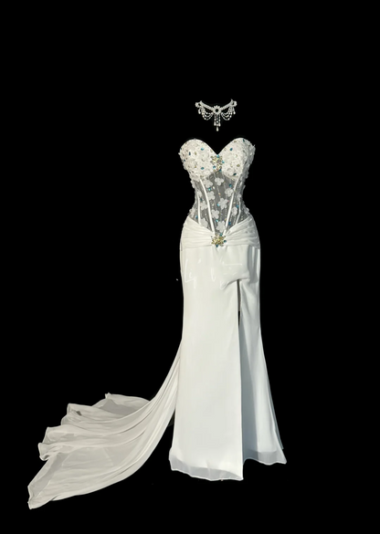 Vintage Classy Mermaid Sweetheart White Chiffon Sleeveless Pleated Long Evening Dress Prom Dresses H2975