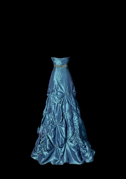 Vintage Classy Ball Gown Strapless Blue Sleeveless Pleated Long Evening Dress Prom Dresses H2976