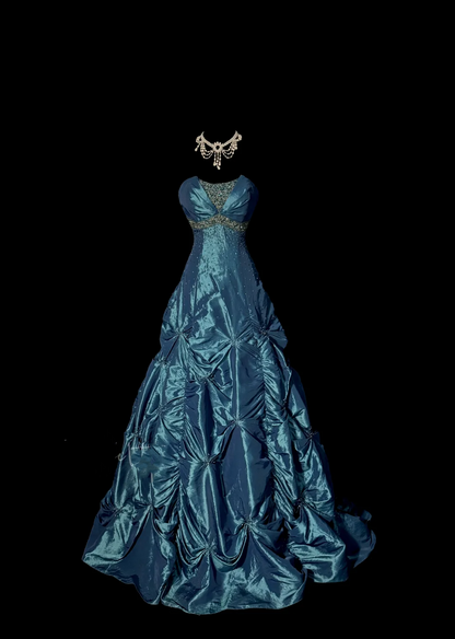 Vintage Classy Ball Gown Strapless Blue Sleeveless Pleated Long Evening Dress Prom Dresses H2976