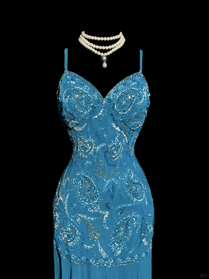 Classy Elegant Sheath Spaghetti Straps Blue Beading Sleeveless Chiffon Prom Dresses H2977