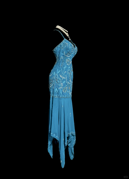 Classy Elegant Sheath Spaghetti Straps Blue Beading Sleeveless Chiffon Prom Dresses H2977