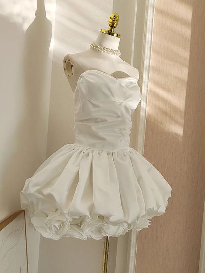 Sexy Ball Gown Sweetheart White Satin Vacation Dresses Short Birthday Outfits SD329
