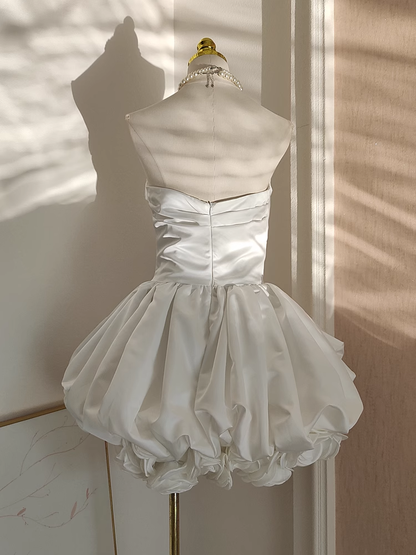 Sexy Ball Gown Sweetheart White Satin Vacation Dresses Short Birthday Outfits SD329