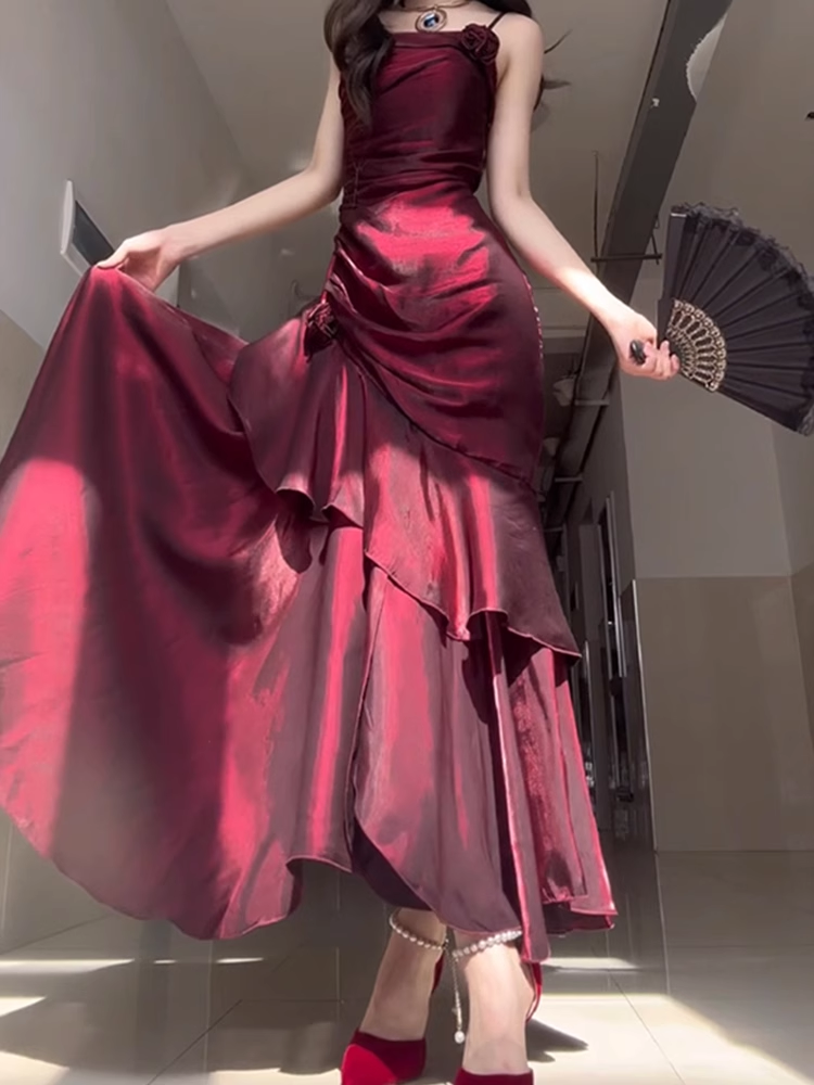 Chic Sheath Spaghetti Straps Burgundy Long Party Dresses Birthday Outfits SD434