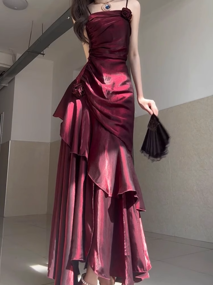 Chic Sheath Spaghetti Straps Burgundy Long Party Dresses Birthday Outfits SD434