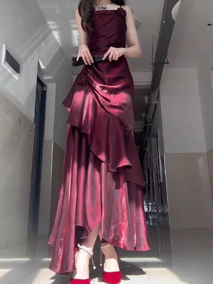 Chic Sheath Spaghetti Straps Burgundy Long Party Dresses Birthday Outfits SD434