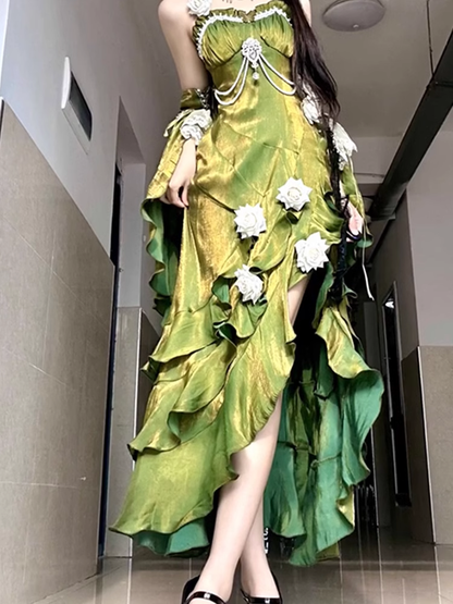 Vintage Sheath Irregular Ruffled Spaghetti Straps Women's Green Birthday Party Dresses SD437