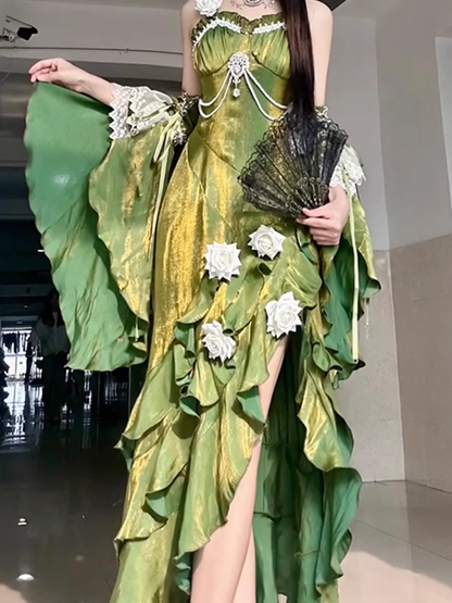 Vintage Sheath Irregular Ruffled Spaghetti Straps Women's Green Birthday Party Dresses SD437