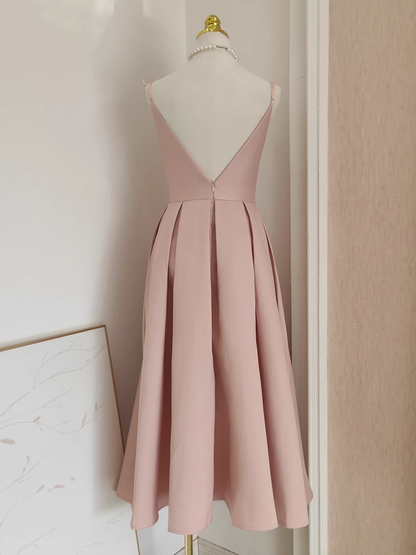 Simple A line Spaghetti Straps Pink Satin Vacation Dress Women Birthday Dresses SD445