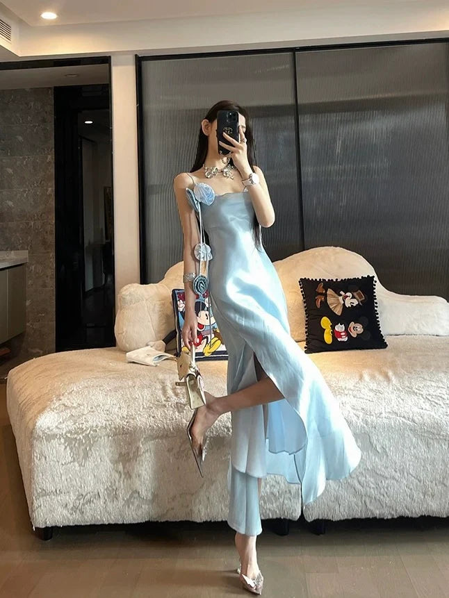 Chic Sheath Spaghetti Straps Light Sky Blue Flower Long Prom Dresses Birthday Outfits SD511