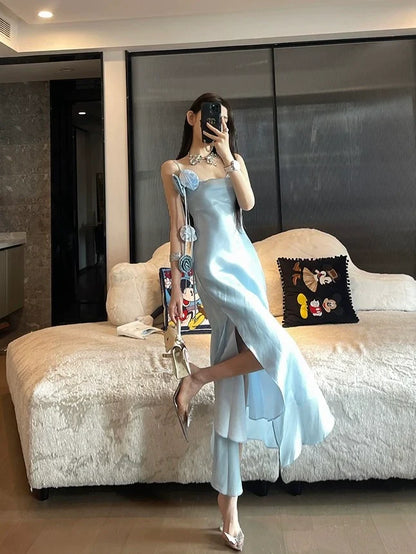 Chic Sheath Spaghetti Straps Light Sky Blue Flower Long Prom Dresses Birthday Outfits SD511