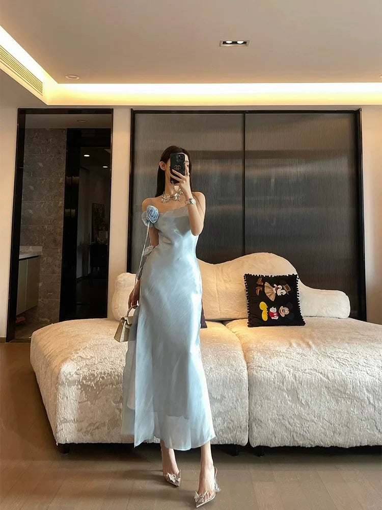 Chic Sheath Spaghetti Straps Light Sky Blue Flower Long Prom Dresses Birthday Outfits SD511